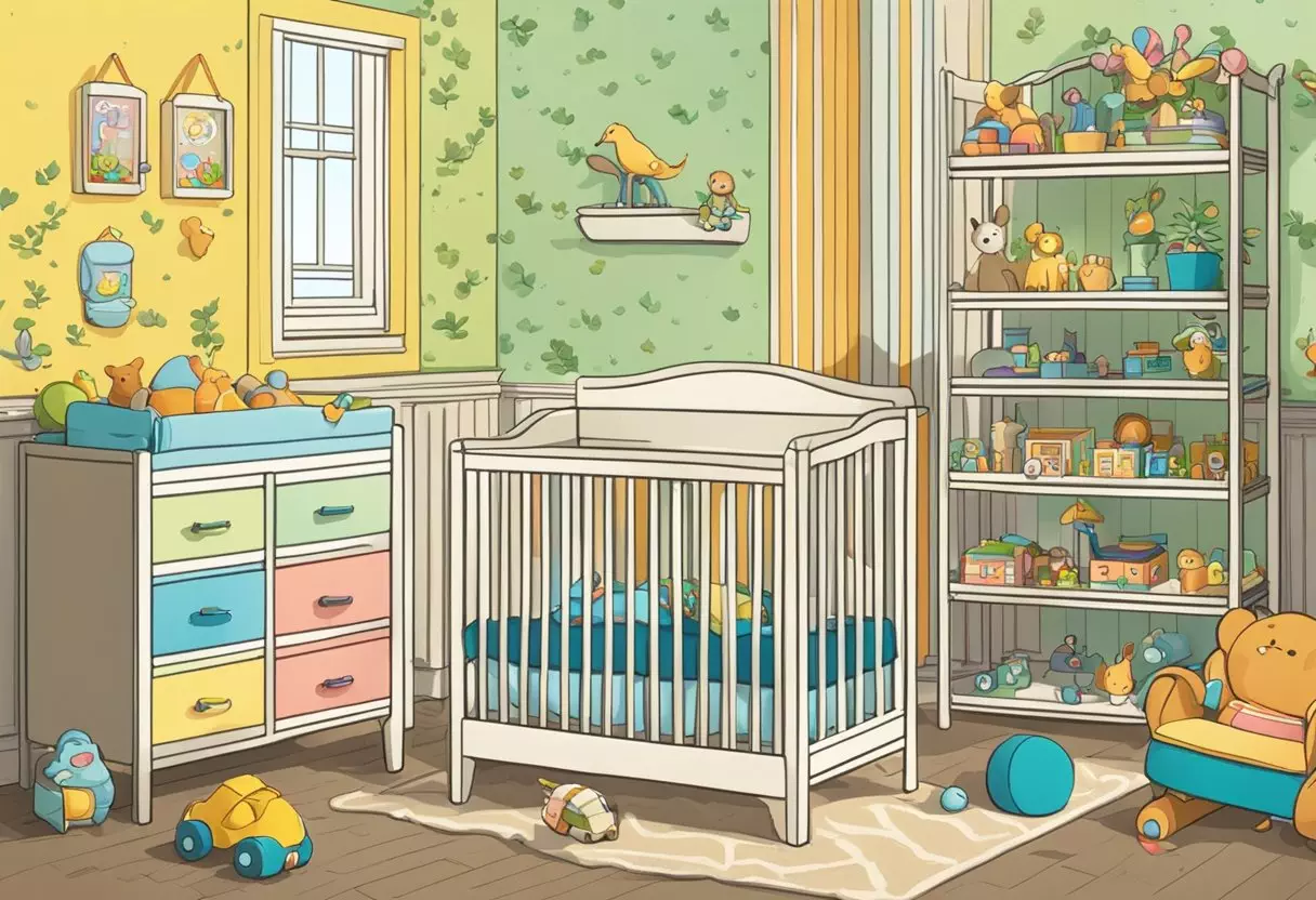 A colorful nursery with a crib labeled 