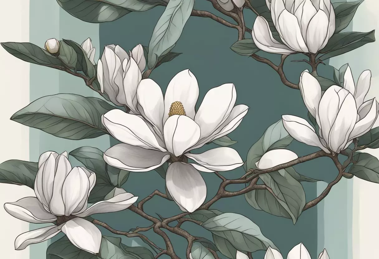 A small magnolia tree blooms in a peaceful garden