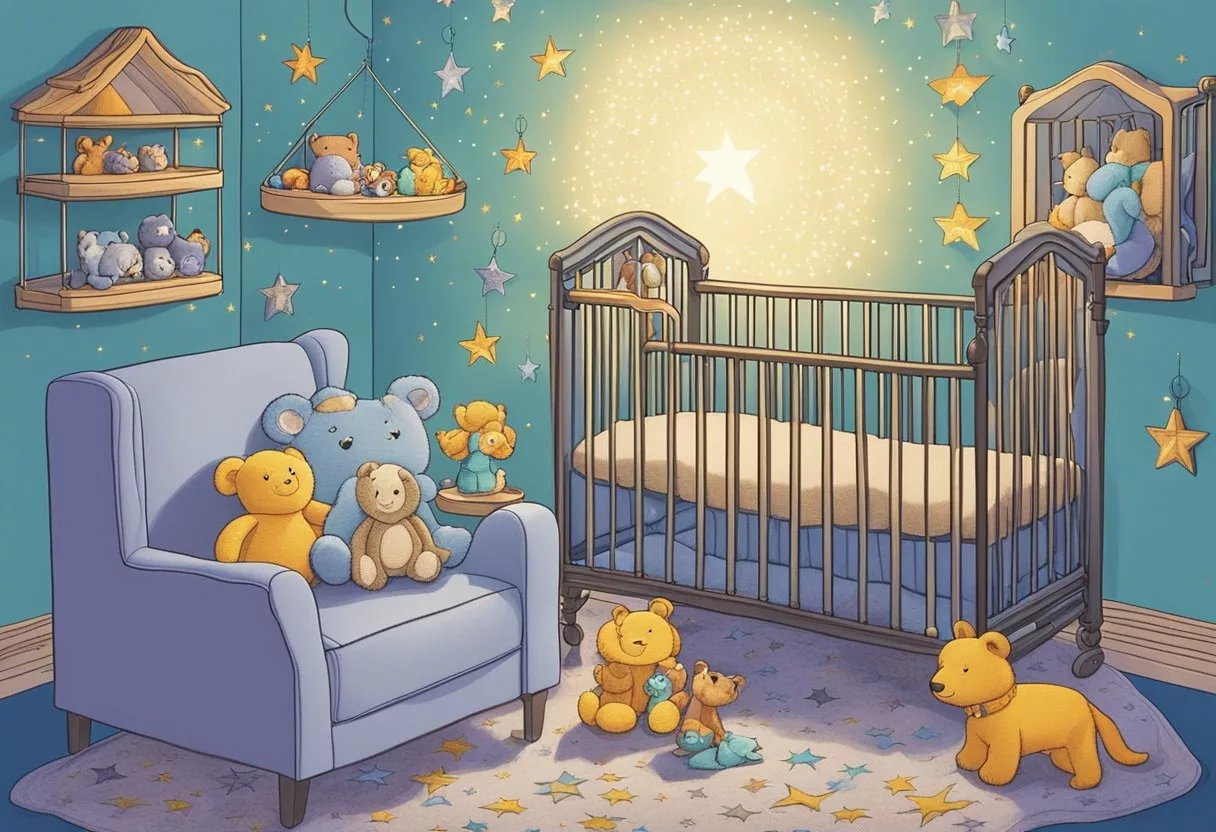 A crib with the name "Matilda" embroidered on the blanket, surrounded by a collection of colorful stuffed animals and a mobile of stars and moons