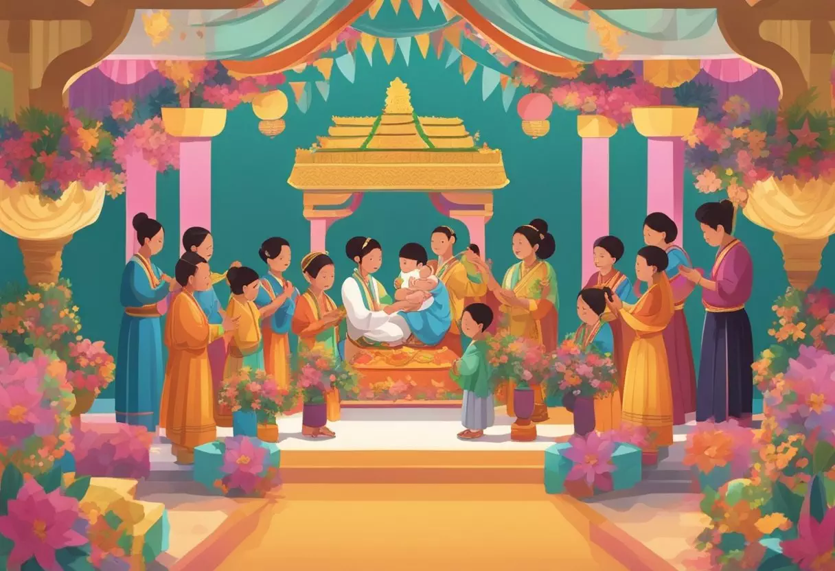 A traditional ceremony celebrates a baby named Melody, with music, dance, and colorful decorations