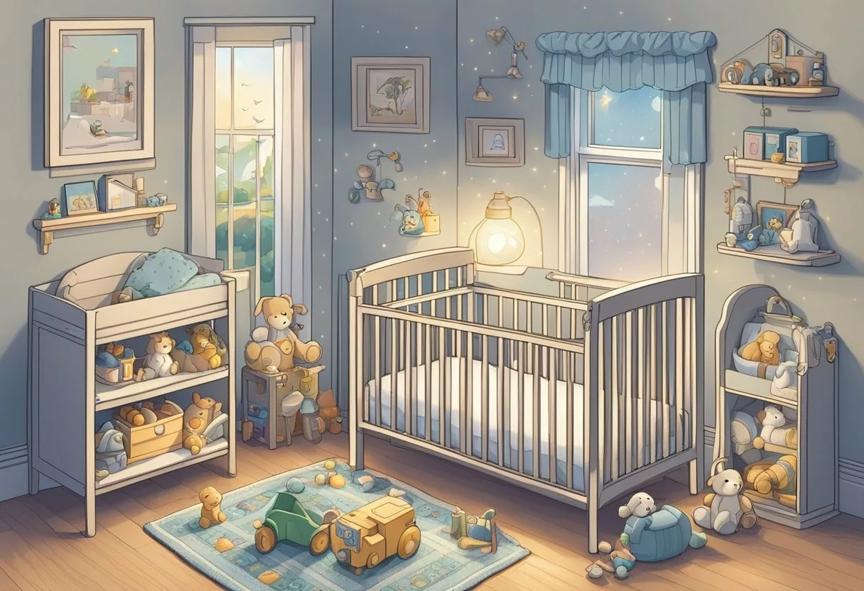 A crib with the name "Nicholas" on a soft blanket, surrounded by toys and a mobile