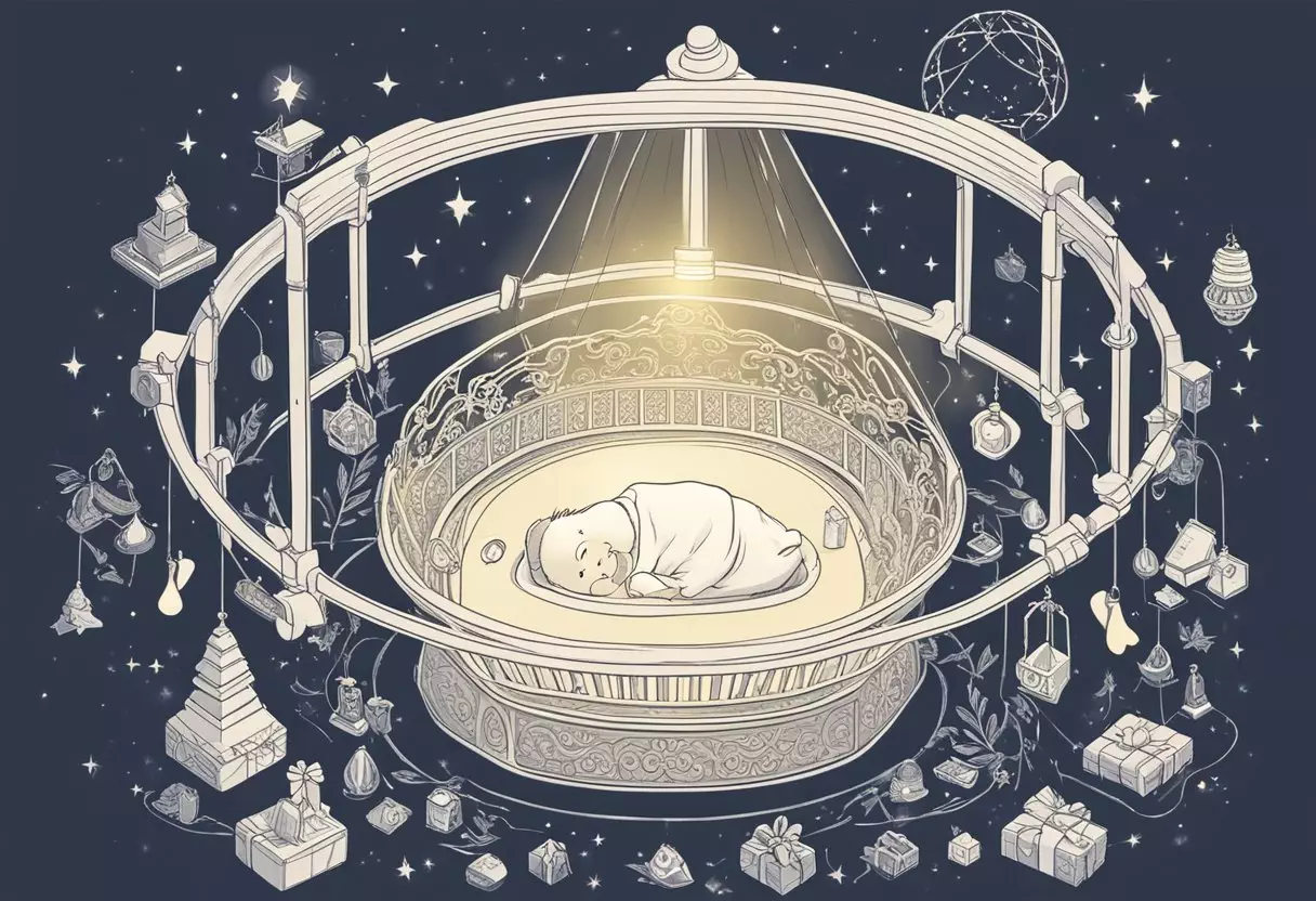 A glowing halo hovers over a baby's cradle, surrounded by gifts and symbols of generosity