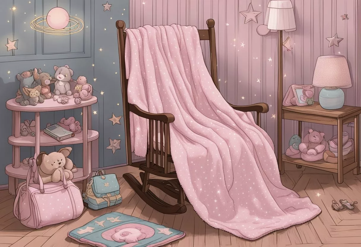 A soft, pink blanket with "Raelynn" embroidered in delicate script rests on a rocking chair, surrounded by toys and a mobile of stars and moons