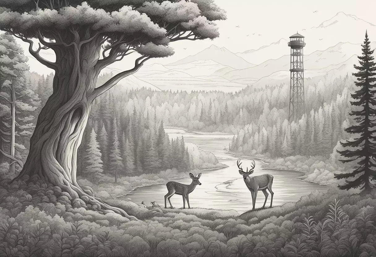 A forest clearing with a majestic ranger tower and a baby deer grazing peacefully, symbolizing the origin and meaning of the name 