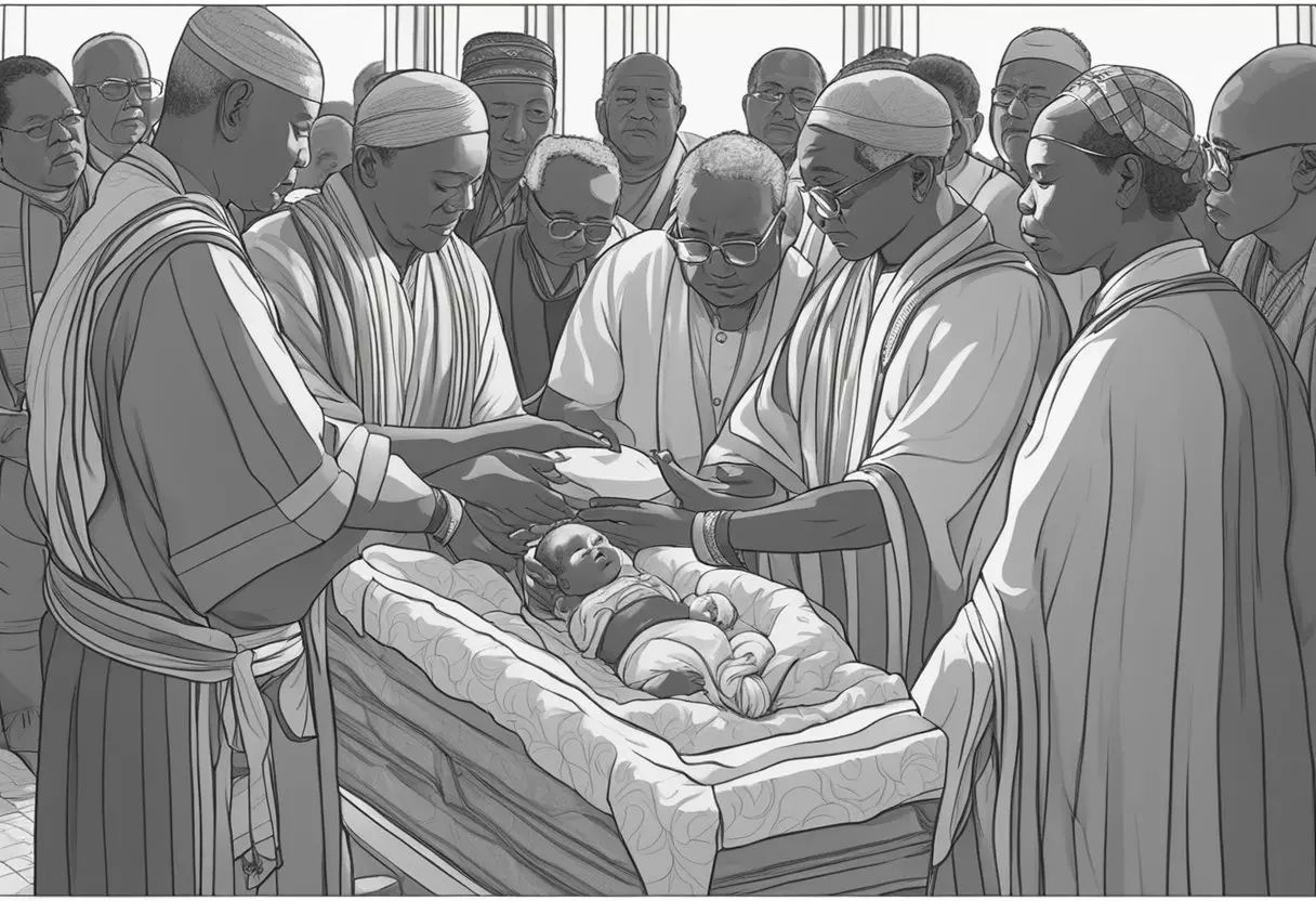 A newborn baby named Russell being blessed by elders in a traditional ceremony