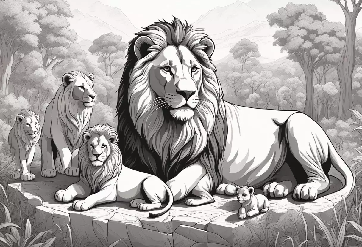 A regal lion presents a baby lion to a group of animals