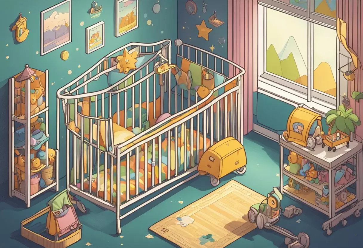 A colorful nursery with toys scattered on the floor, a crib with the name 