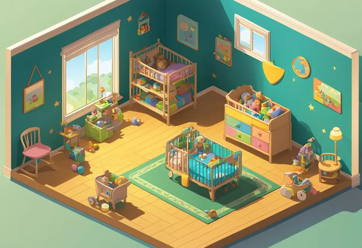 A small, colorful room with a crib labeled 