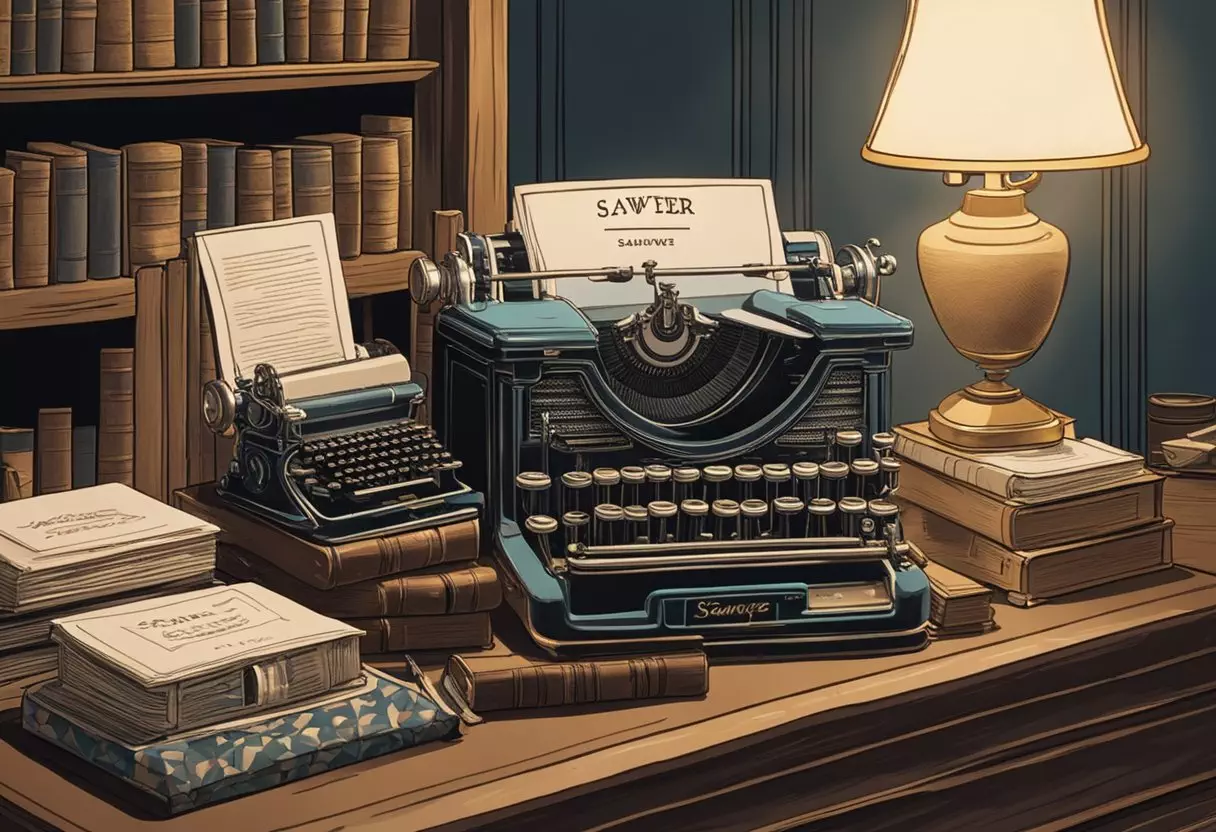 A stack of classic novels sits on a wooden shelf, next to a vintage typewriter. A nameplate reads 