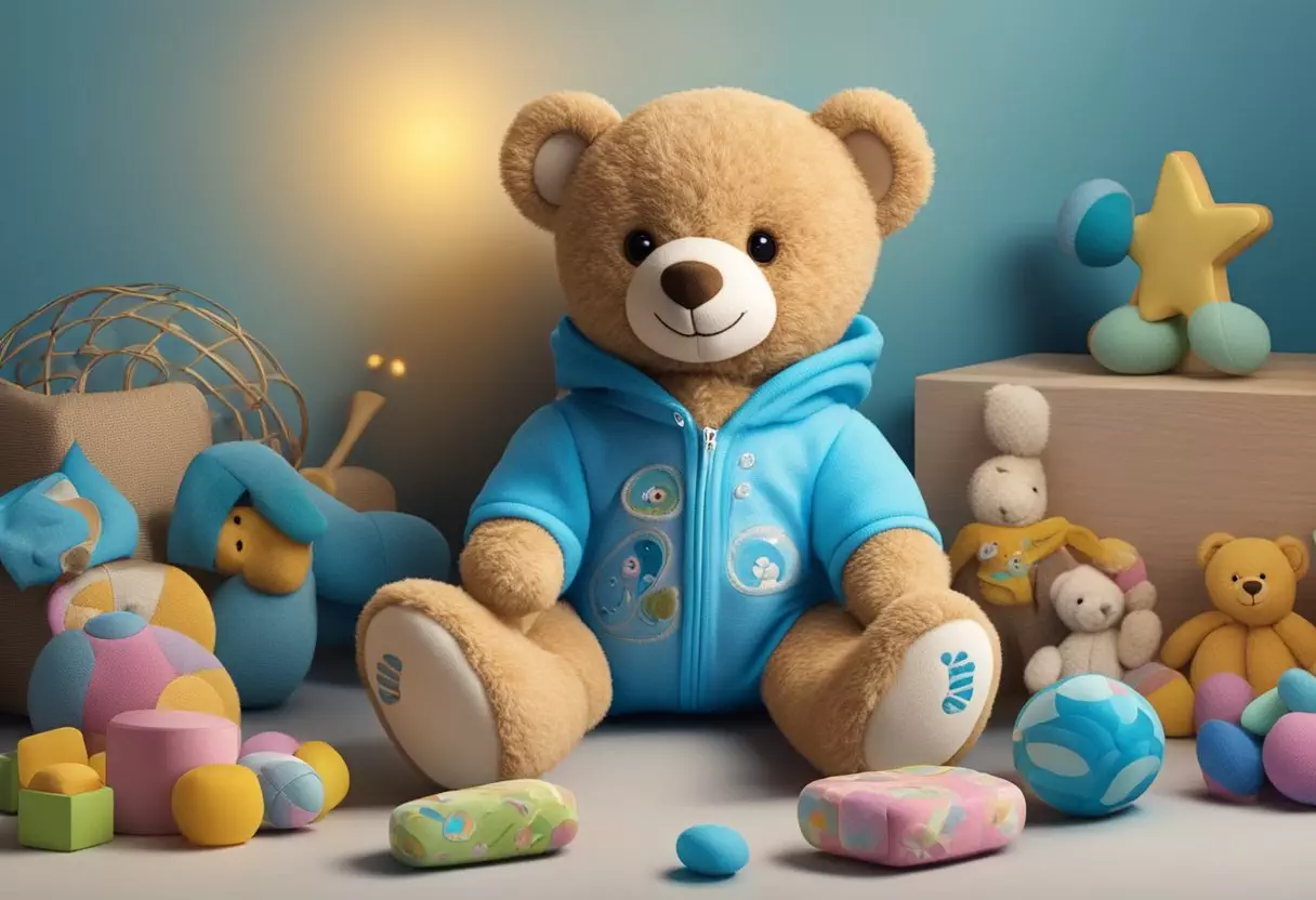 A teddy bear wearing a blue onesie with 