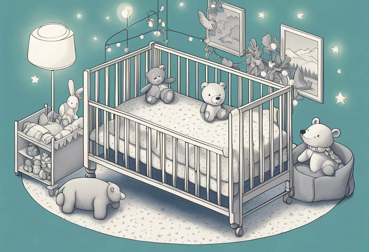 A crib with the name "Sarah" on a soft blanket, surrounded by toys and a mobile