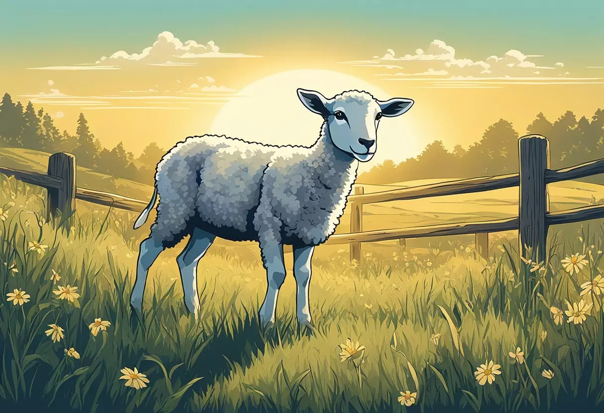 A lone lamb stands in a sun-drenched meadow, surrounded by tall grass and wildflowers. In the distance, a shepherd's crook leans against a weathered fence post, symbolizing protection and guidance