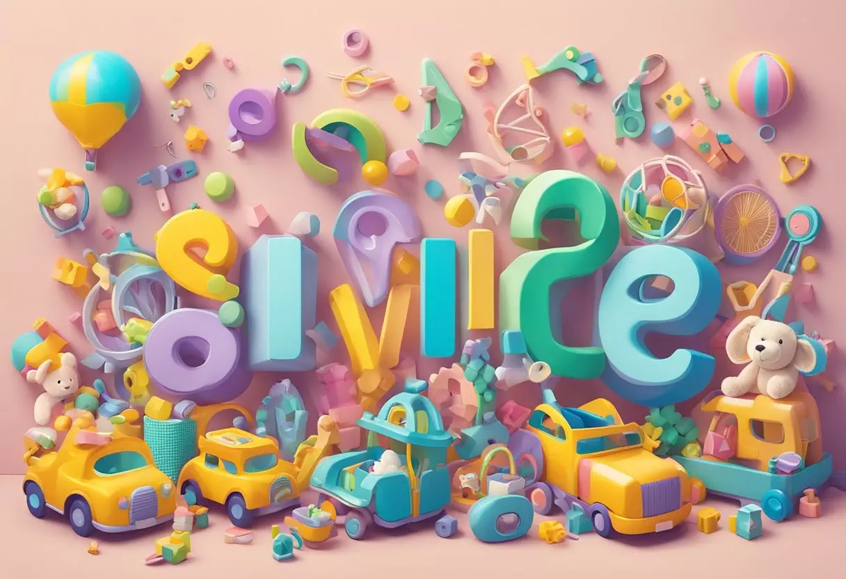 Sylvie's name written in colorful, playful letters surrounded by toys and baby items