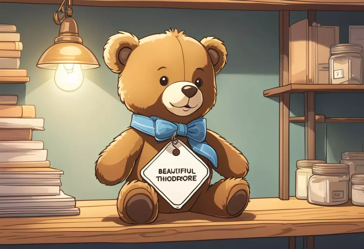 A smiling teddy bear sits on a shelf, with a small name tag reading 