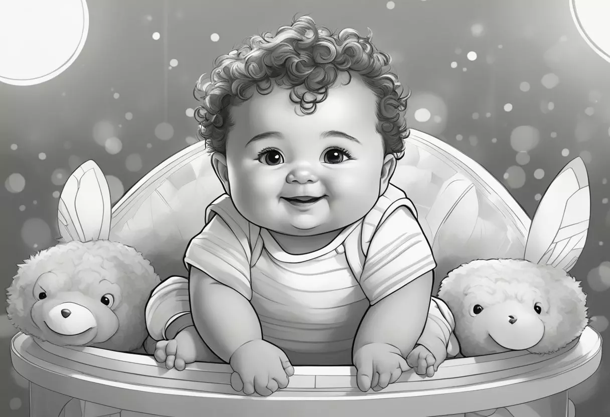 A chubby, rosy-cheeked baby named Theo with big, bright eyes and a toothless smile, chubby arms and legs, and a tuft of curly hair on top of his head