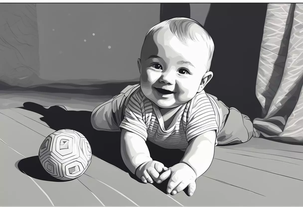 A smiling baby named Theo reaching for a toy with curiosity