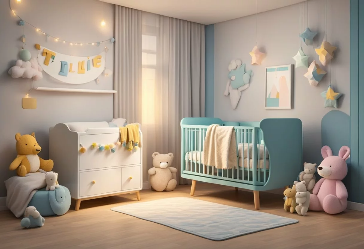 A small crib with the name "Tillie" written in colorful letters hangs on the wall, surrounded by soft toys and a cozy blanket