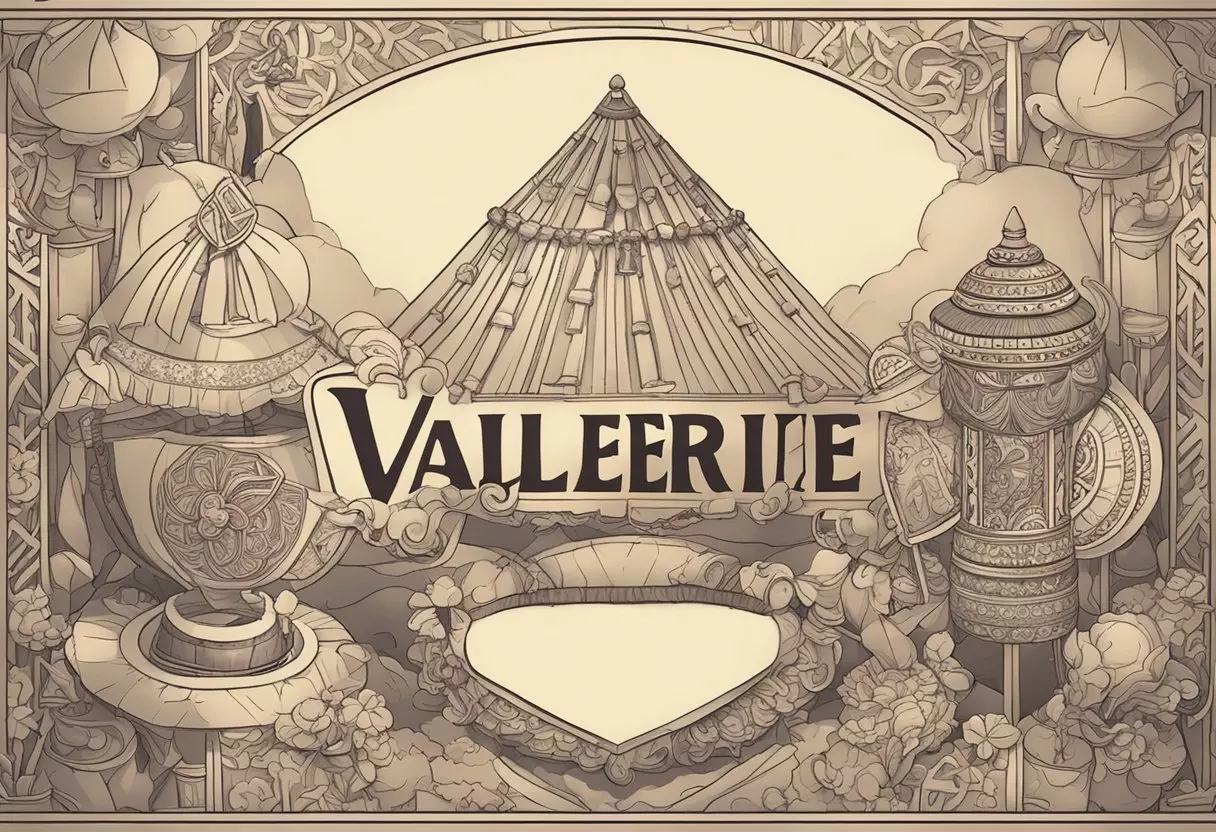 Valerie name written on a banner at a cultural festival, surrounded by traditional symbols and artifacts