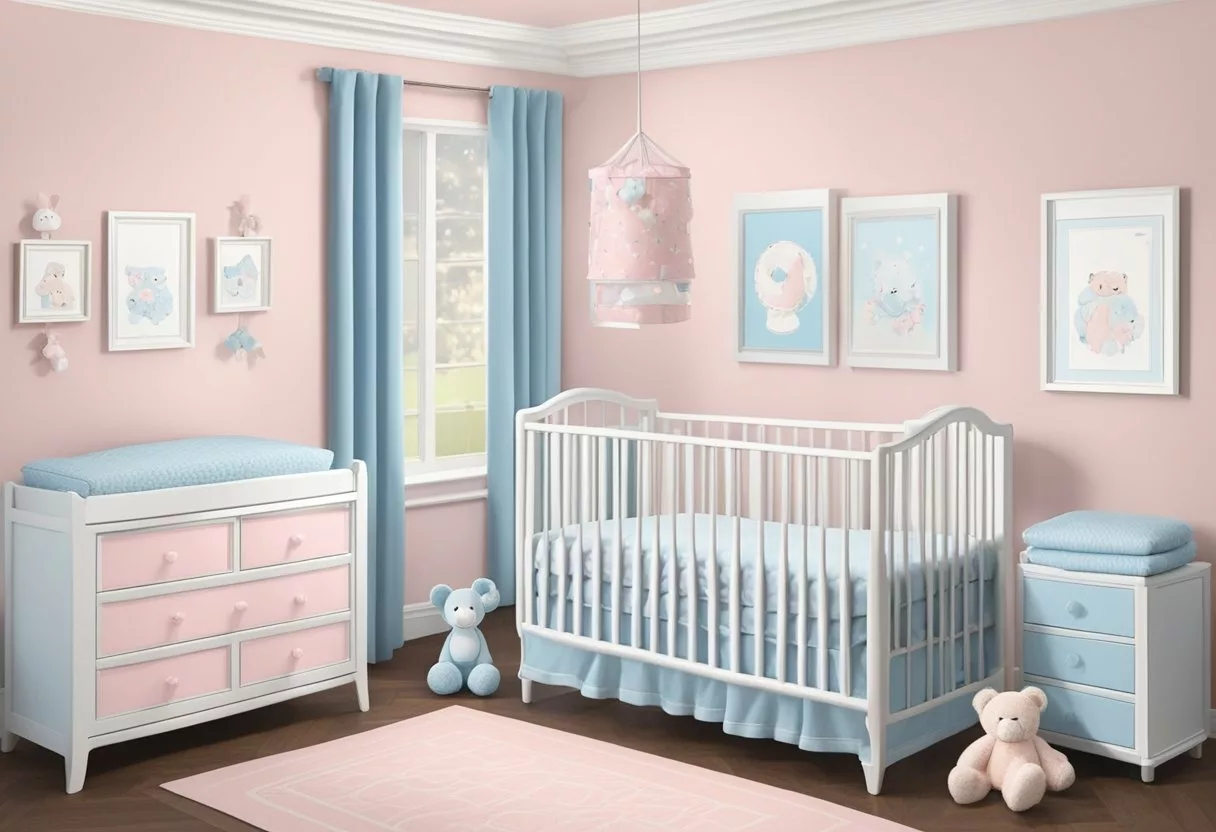 A pink and blue nursery with a name plaque reading "Valerie" above a cozy crib with soft blankets and stuffed animals