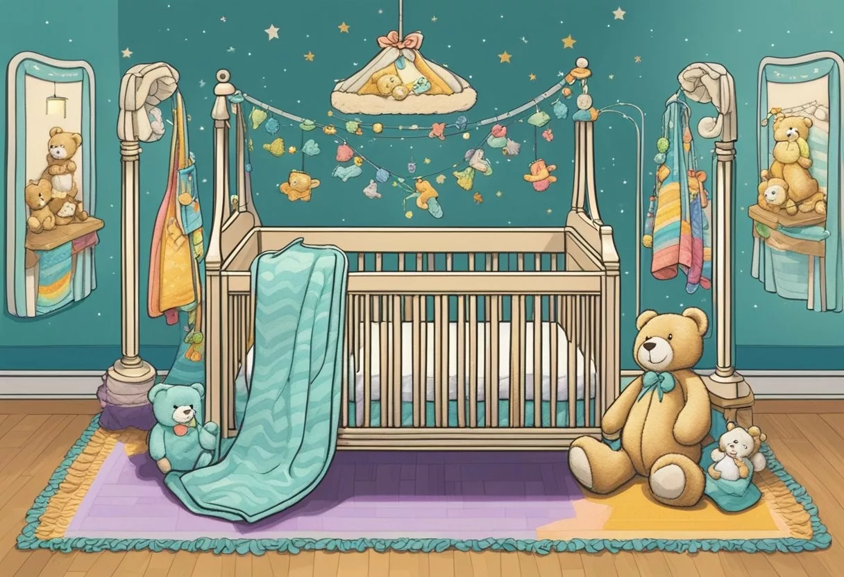 A crib with the name "Vivian" embroidered on the blanket. Teddy bears and colorful mobile hang above