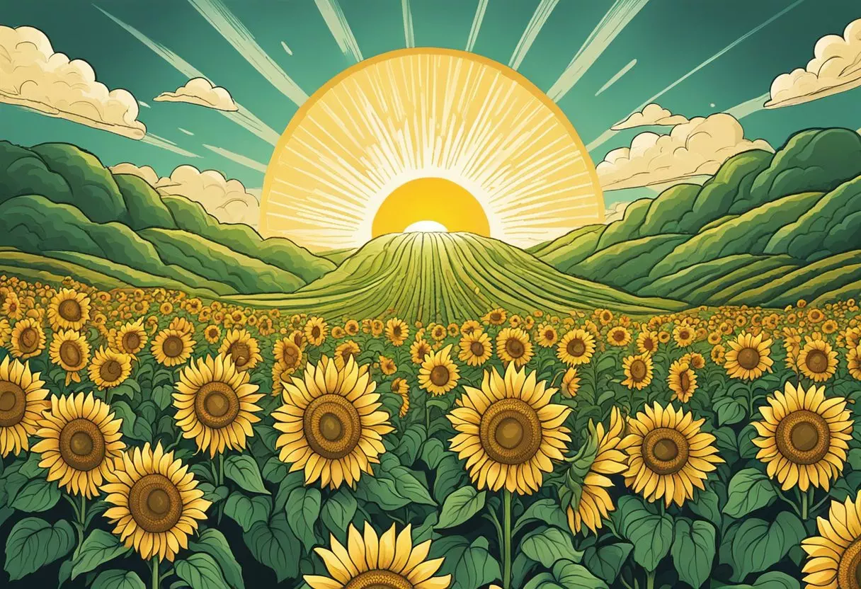 A smiling sun shines over a field of blooming sunflowers, as a gentle breeze carries the sweet scent of summer