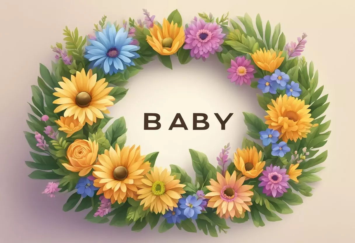 A wreath made of colorful flowers and leaves with the name 