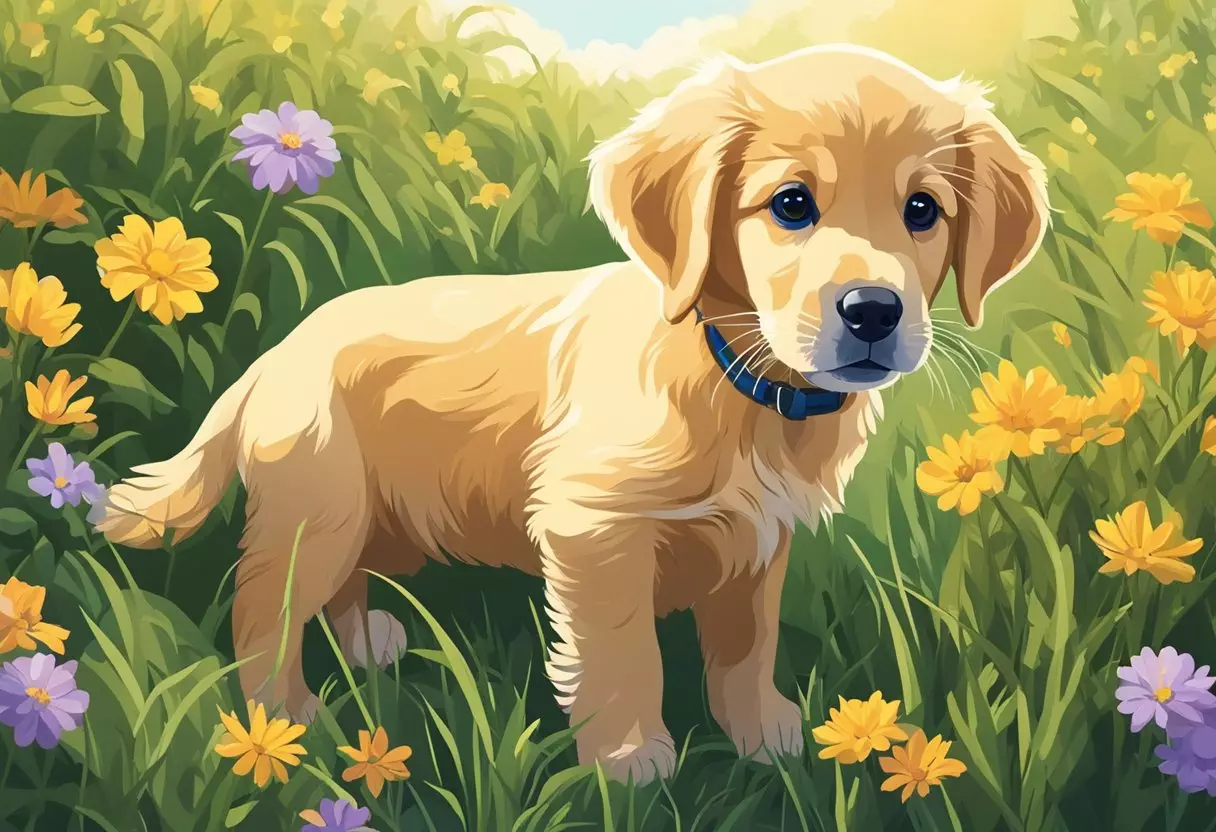 A small, golden retriever puppy named Achilles plays in a sunlit meadow, surrounded by colorful flowers and tall grass