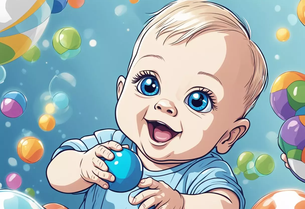 A small, blue-eyed baby named Hank laughs while reaching for a colorful toy