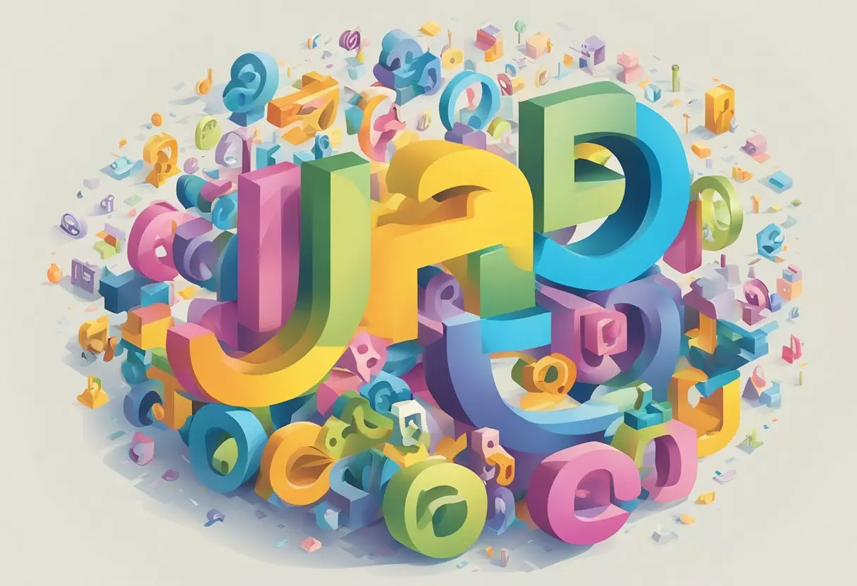 A colorful array of letters and symbols swirl around a central point, representing the brainstorming process for the baby name 