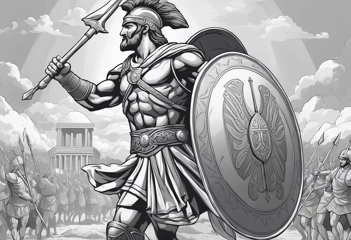 A Greek warrior holds a shield emblazoned with the word 