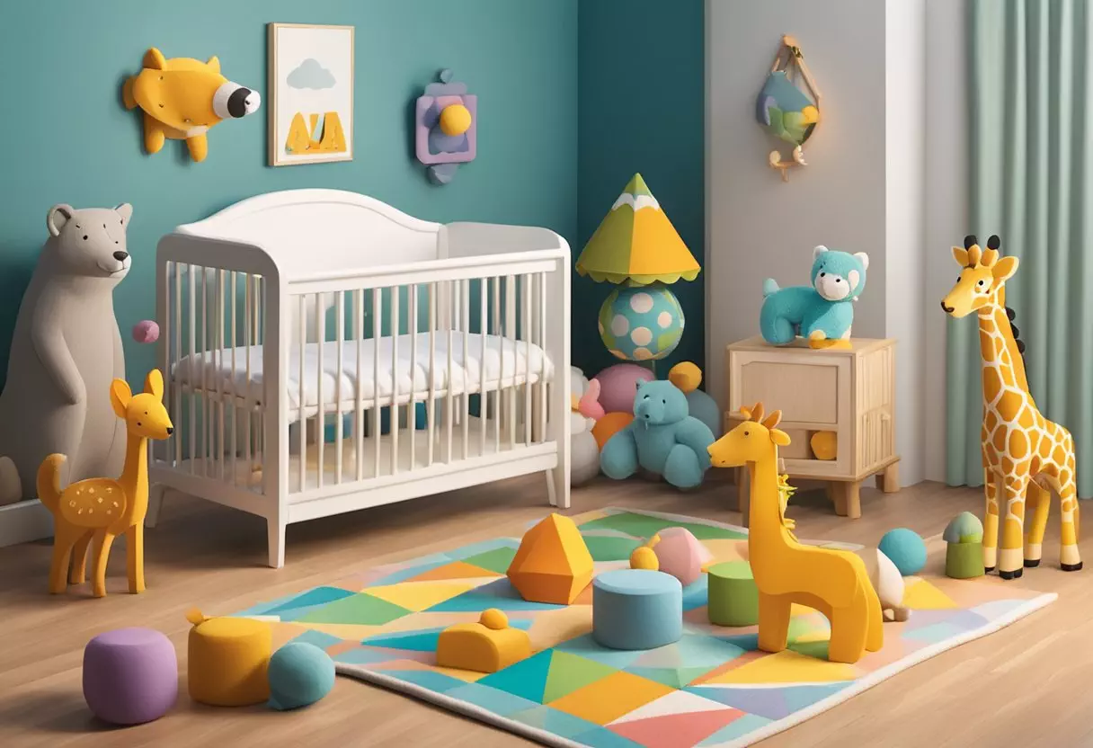 Aja's name is written in colorful block letters surrounded by playful animal toys and a cozy crib