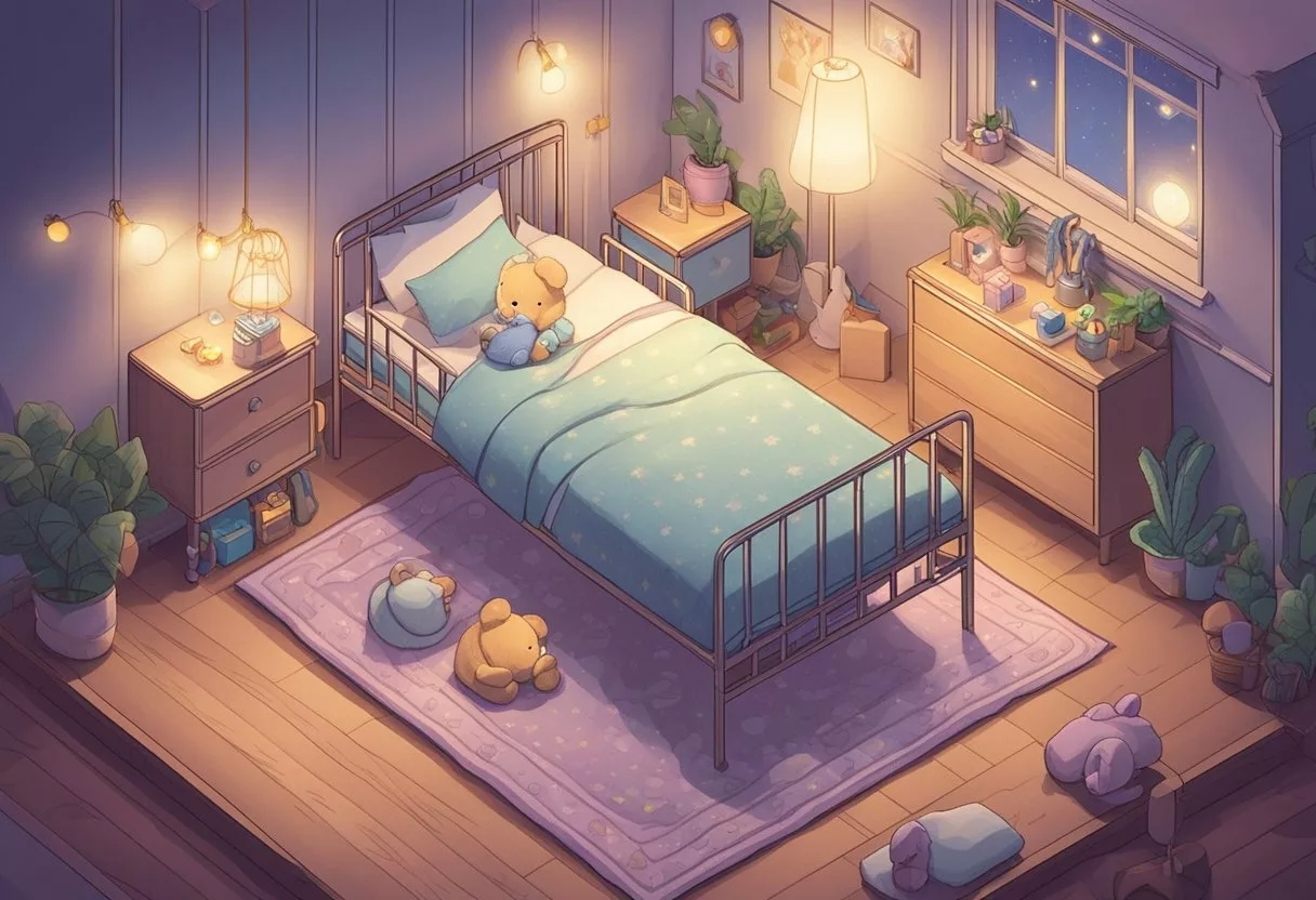 A small crib with the name "Akira" written on a soft blanket, surrounded by toys and a gentle nightlight