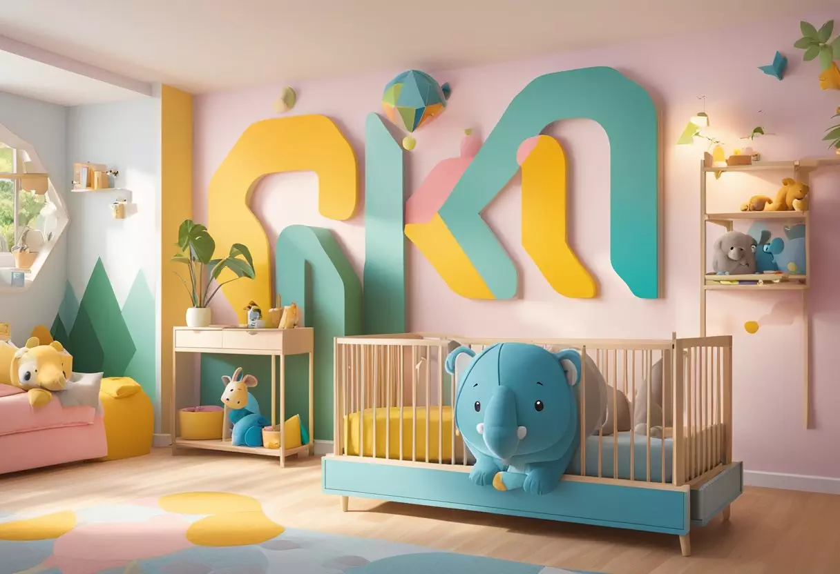 Aki's name is written on a colorful nursery wall with playful animal illustrations surrounding it