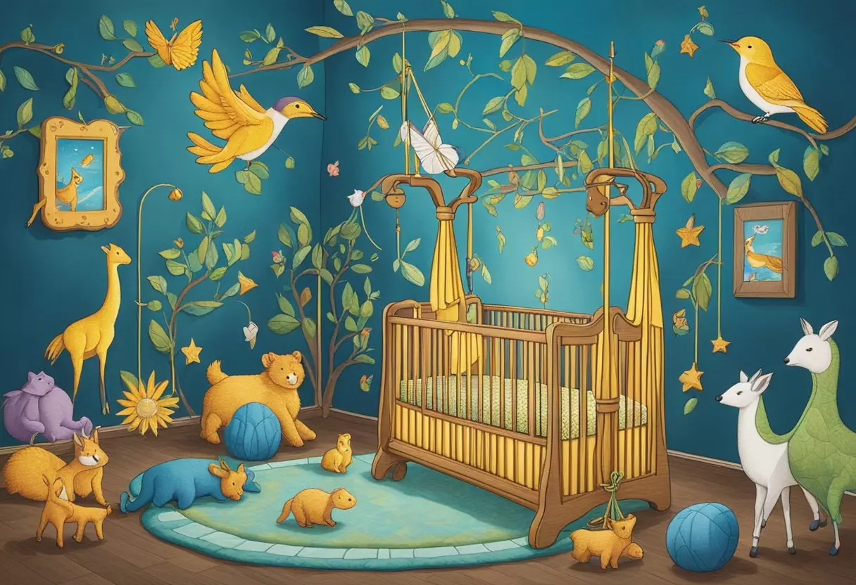 A colorful mobile of musical notes and dancing animals hangs above a crib with the name 