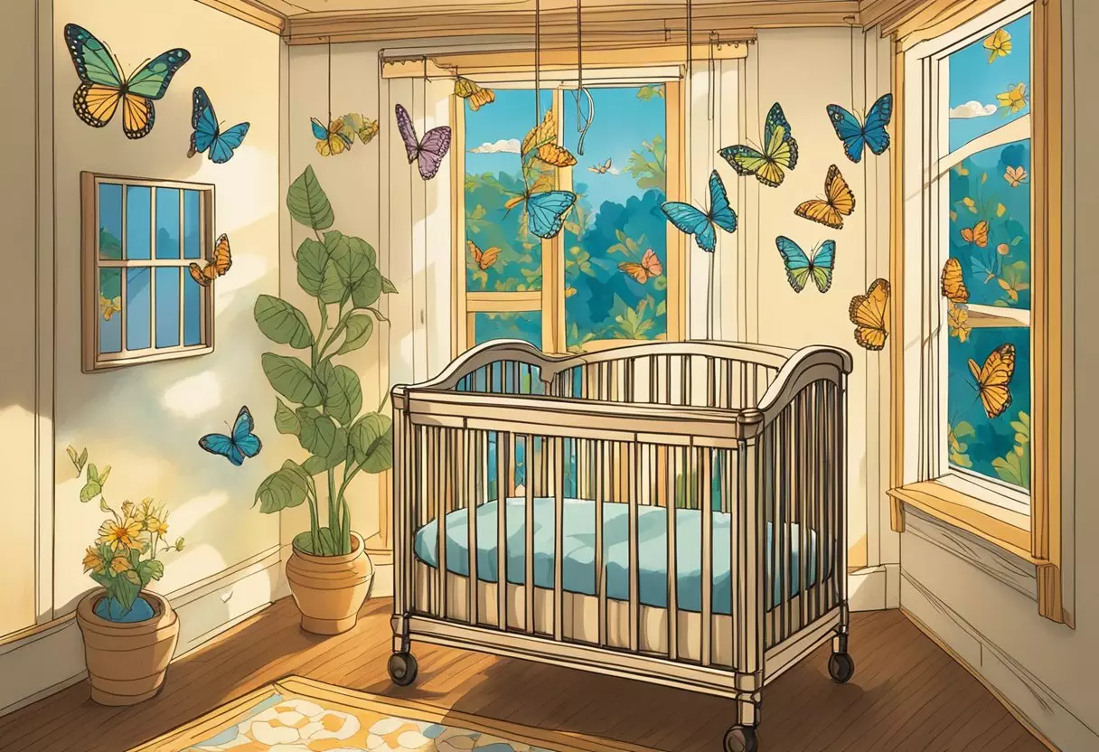 A colorful mobile of butterflies and flowers hangs above a crib labeled 