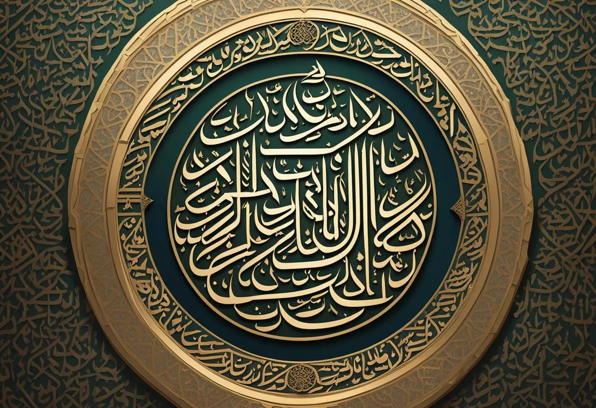 Names of Allah written in beautiful calligraphy, surrounded by historical Islamic symbols and scriptures. The artwork exudes a sense of reverence and importance