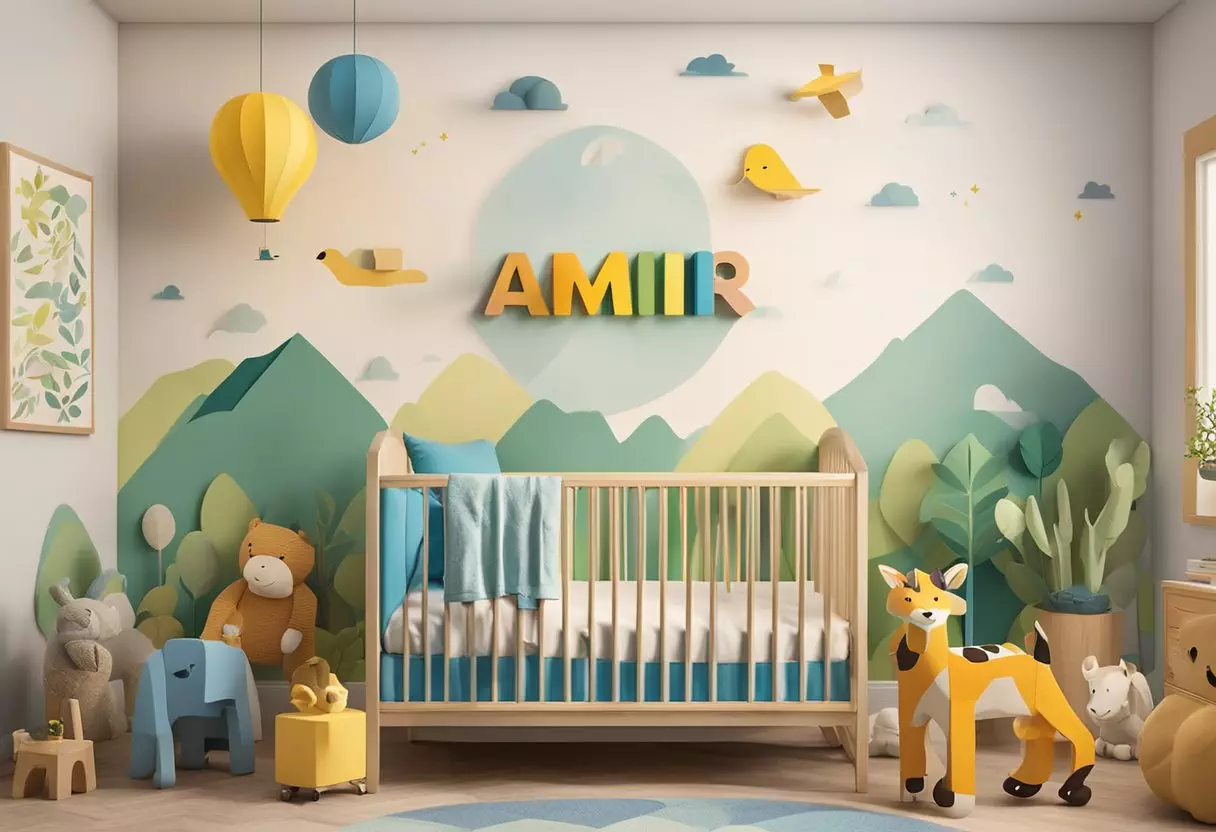 Amir's name written in colorful block letters on a nursery wall, surrounded by playful animal and nature-themed decorations