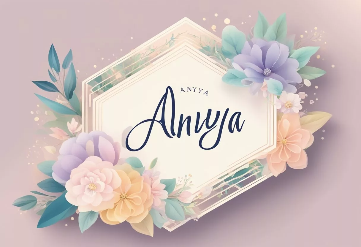 A baby name "Anya" is written in elegant script on a blank name card, surrounded by soft pastel colors and delicate floral patterns