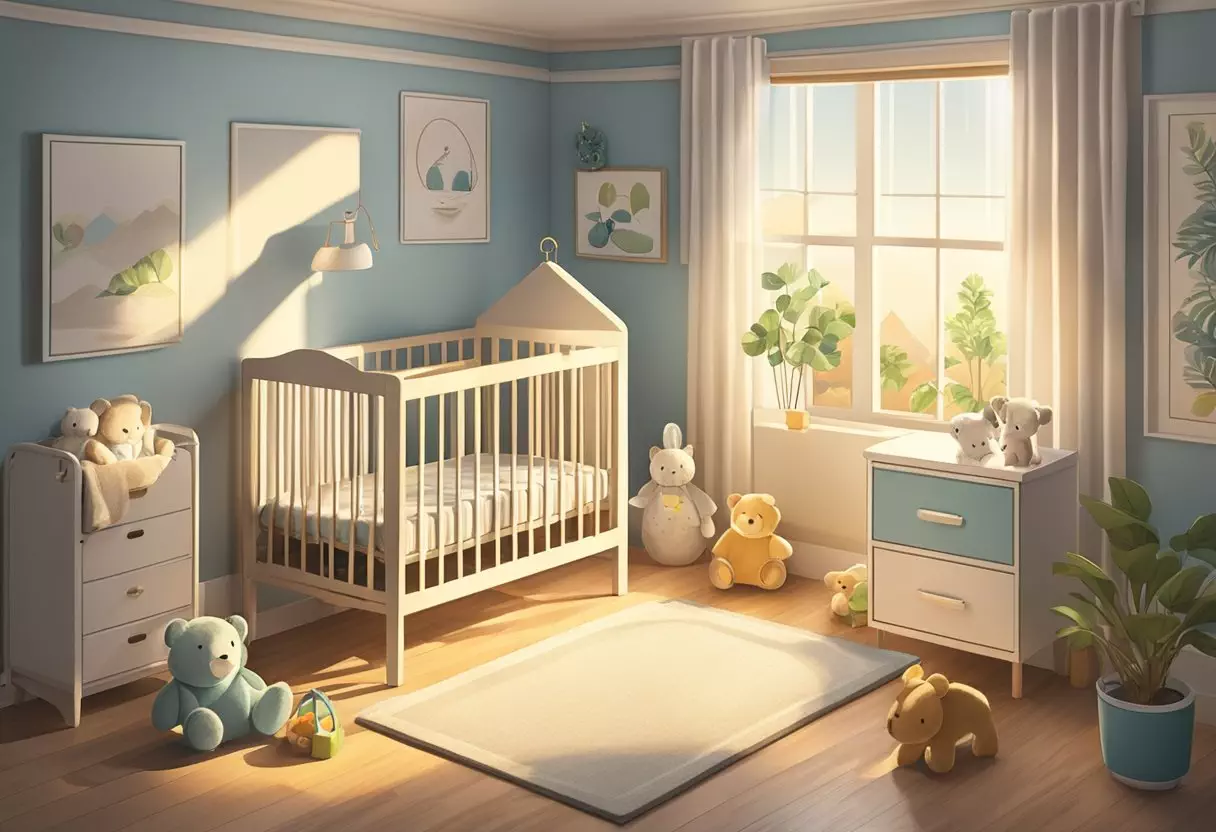 A small room with a crib in the center. Soft toys and a mobile hang above the crib. Sunlight streams in through the window, casting a warm glow over the room