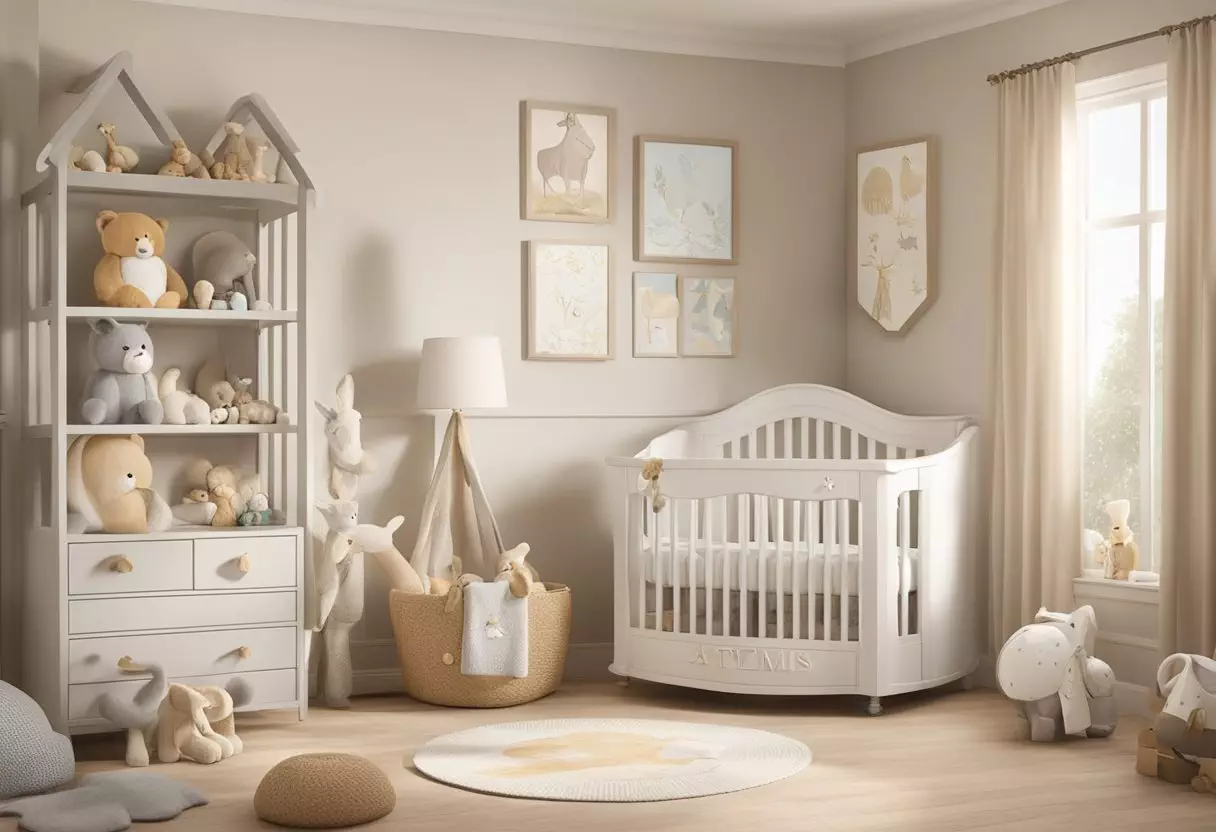 A nursery with neutral colors and animal-themed decor, featuring a name plaque with 