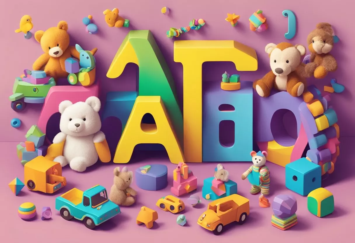 Atley's name written in colorful, playful letters surrounded by toys and stuffed animals