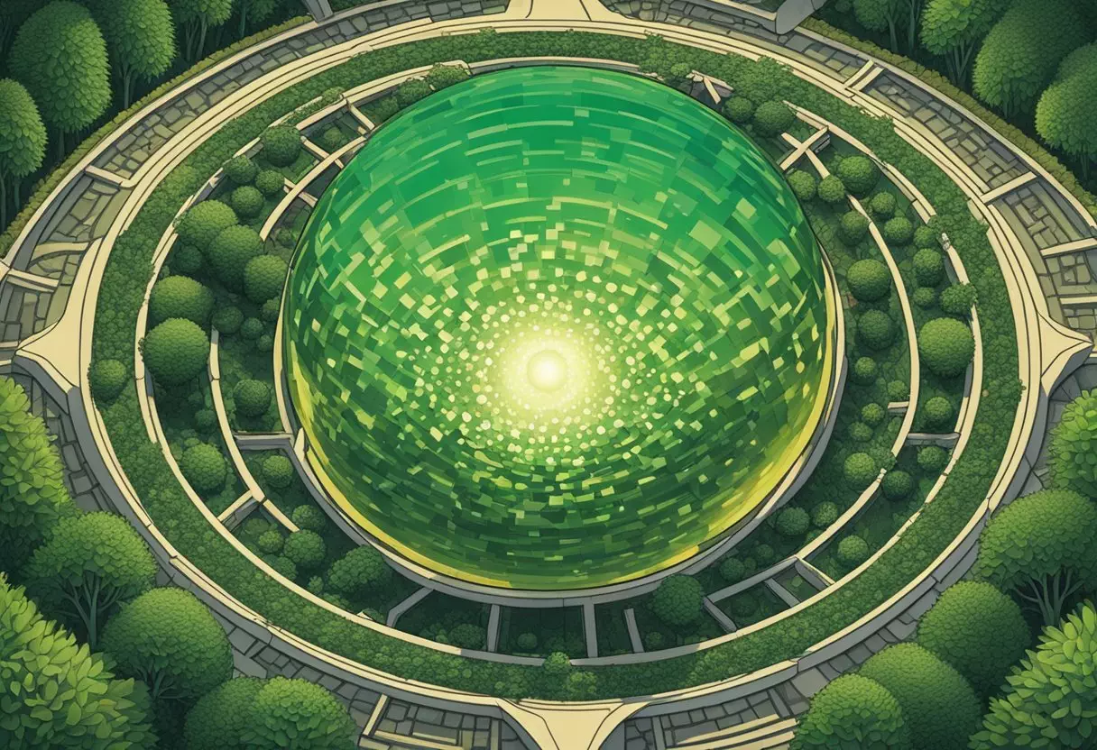 A glowing, celestial orb hovers above a lush, green garden, radiating warmth and light. Surrounding it are delicate, swirling patterns representing the interconnectedness of all living things