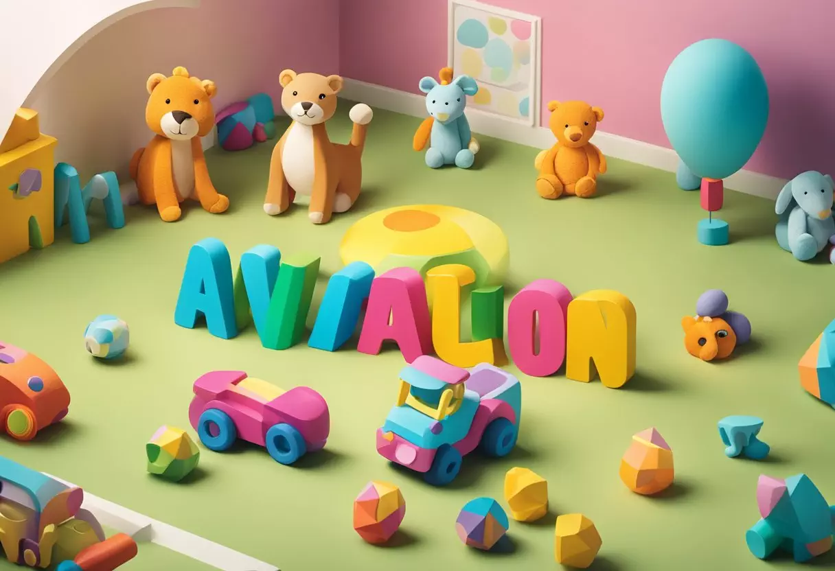 Avalon's name written in colorful block letters surrounded by playful animal toys and cheerful nursery decor