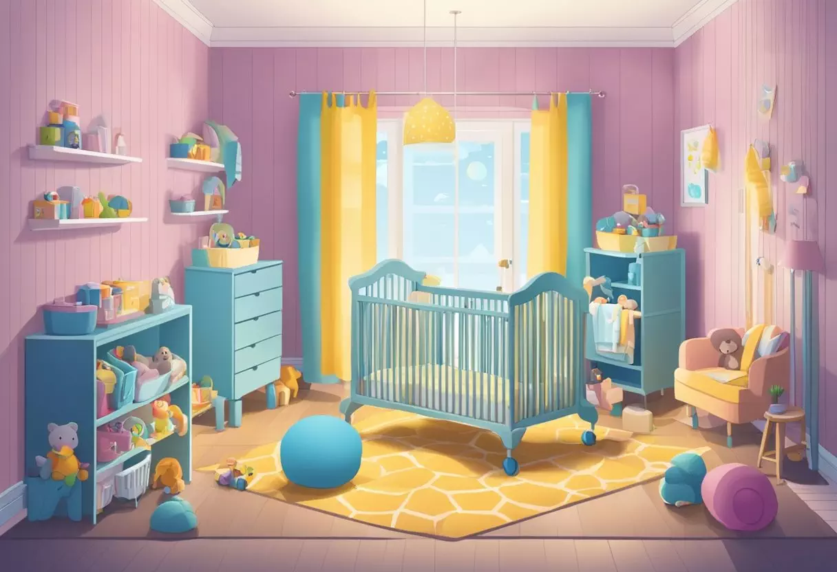 A colorful nursery with toys and a crib labeled 