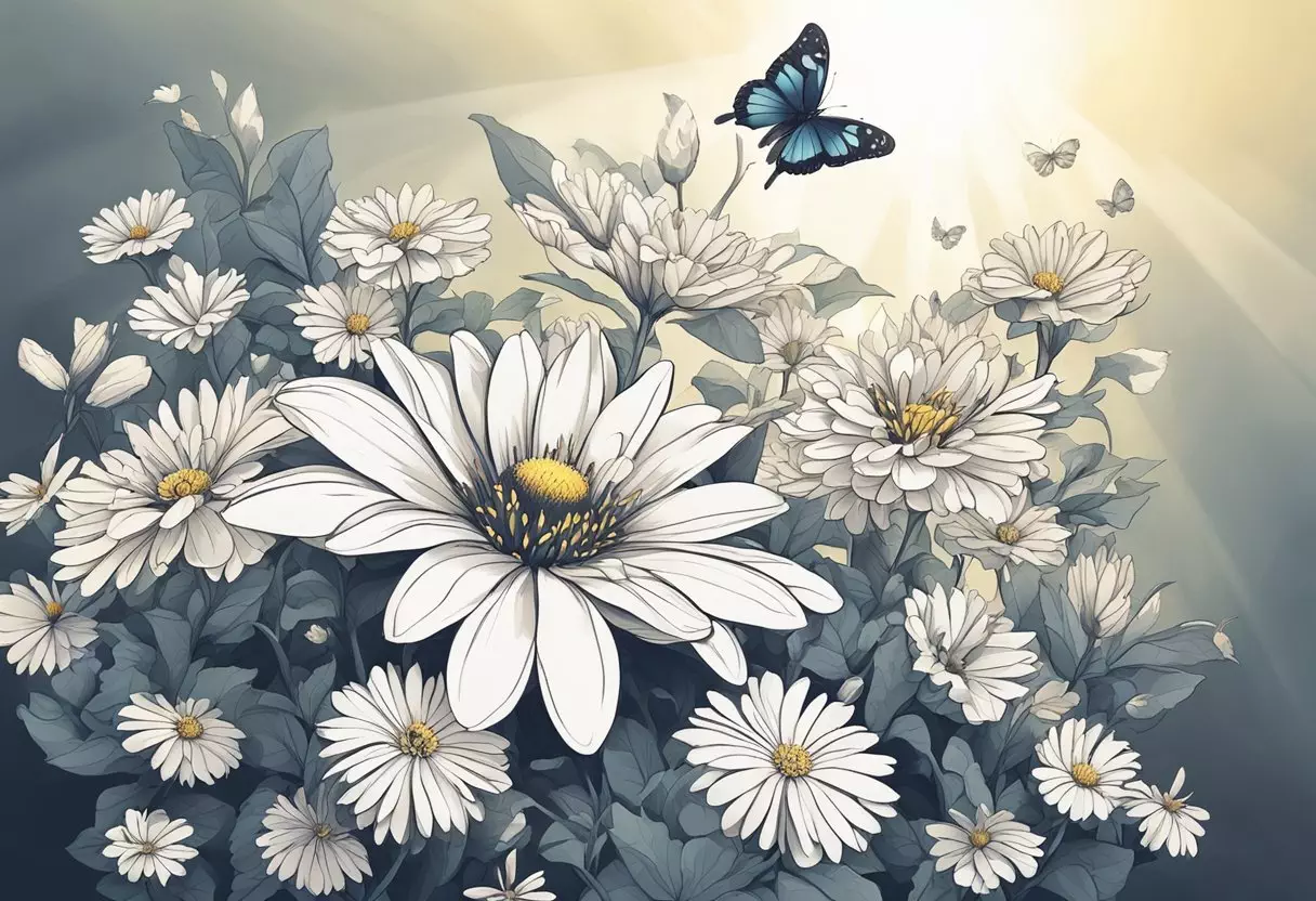 A blooming flower surrounded by butterflies and sunlight