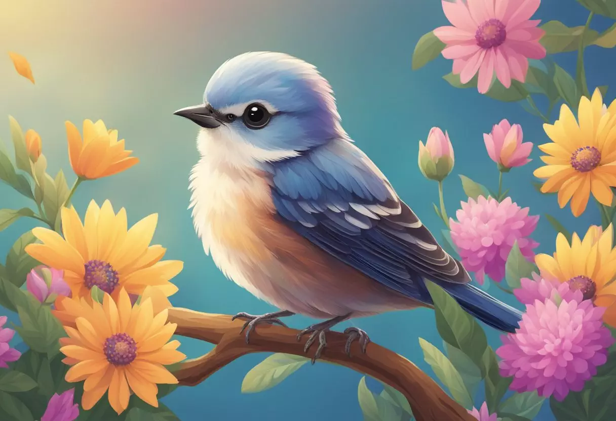 A baby bird named Avi perched on a branch, surrounded by colorful flowers and a gentle breeze