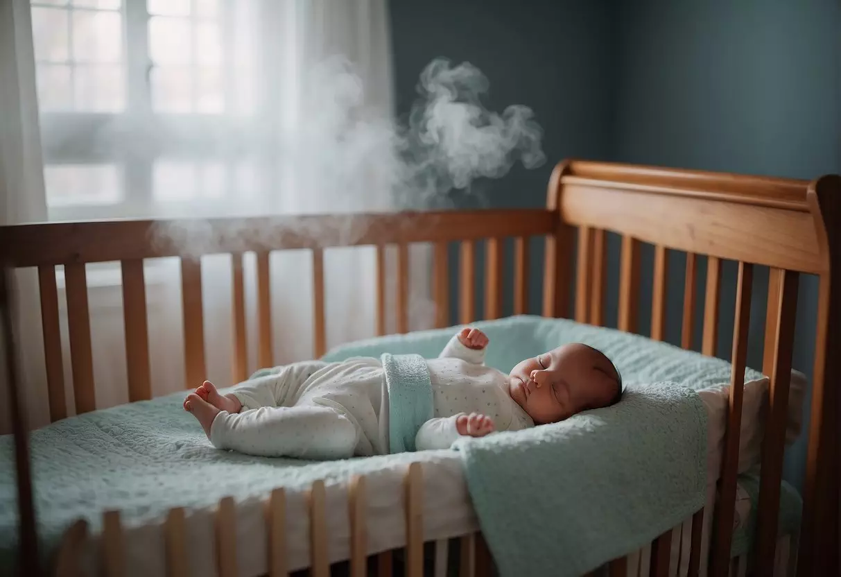 A baby's crib with a humidifier beside it, emitting a gentle mist into the air as the baby sleeps peacefully