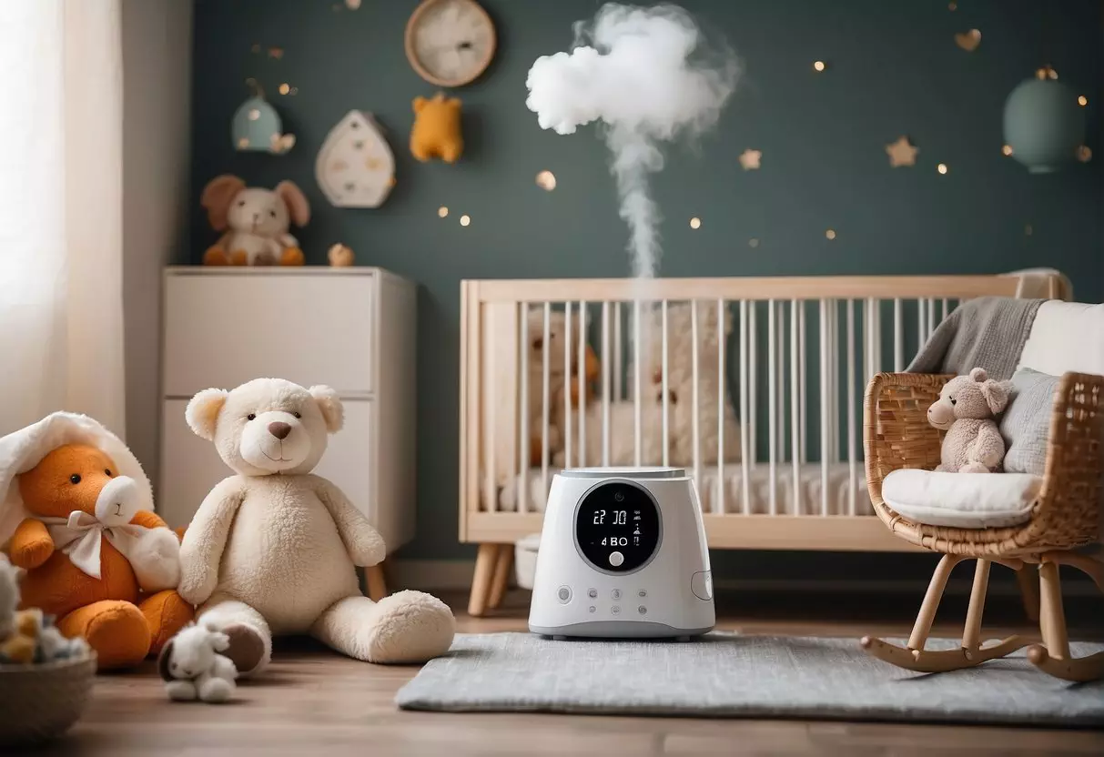 A cozy nursery with a small humidifier emitting gentle steam, surrounded by baby essentials like crib, diaper changing station, and soft toys