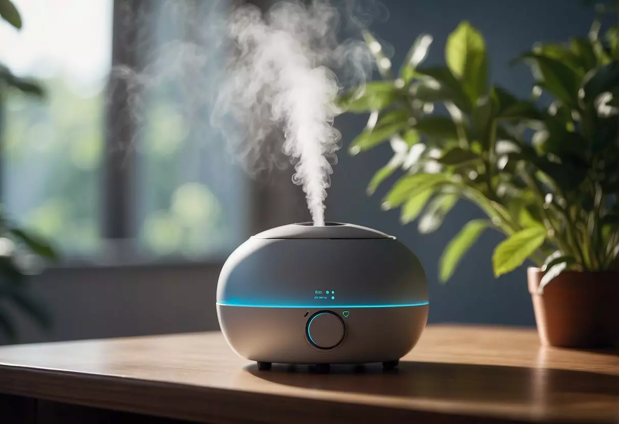 A gentle, whisper-quiet humidifier emits a fine mist, with adjustable settings for optimal comfort