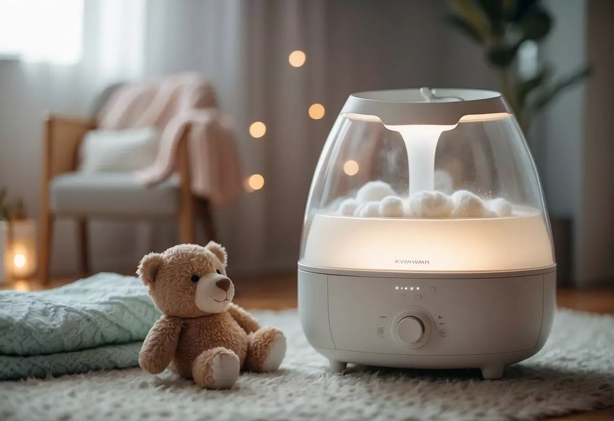 A newborn baby's nursery with a gentle, cool mist humidifier. Soft lighting and cozy decor create a soothing atmosphere